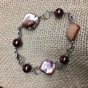 Brown Pearl Silver Bracelet MOP Shell Bead Copper Organic Round Retro BoHo